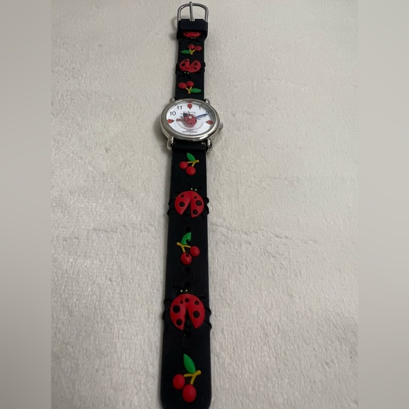 Geneva Quartz Girls Ladybug with Cherries Black Wrist Watch Water Resistant - Picture 3 of 14